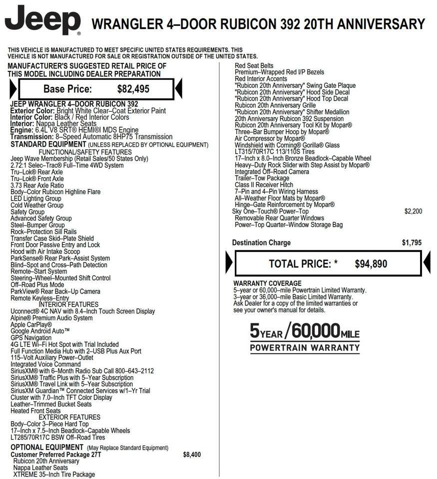 2023 Jeep Wrangler Rubicon 392 20th Anniversary / Sky One Roof / 6.4L V8! Lincolnton NC