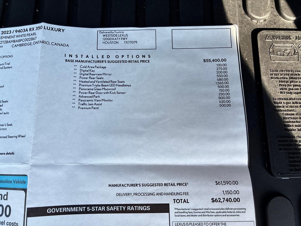 2023 Lexus RX350 Luxury, Pano Roof, Cold Area Pkg, Pano View Monitor, Traffic Jam Assist, Heat & Cool Seats, Triple Beam Headlights Houston TX