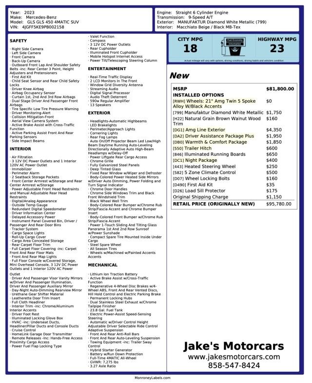 2023 Mercedes-Benz GLS 450 4MATIC ($95,780 MSRP) *AMG LINE * *NIGHT PACKAGE* DRIVER ASS San Diego CA
