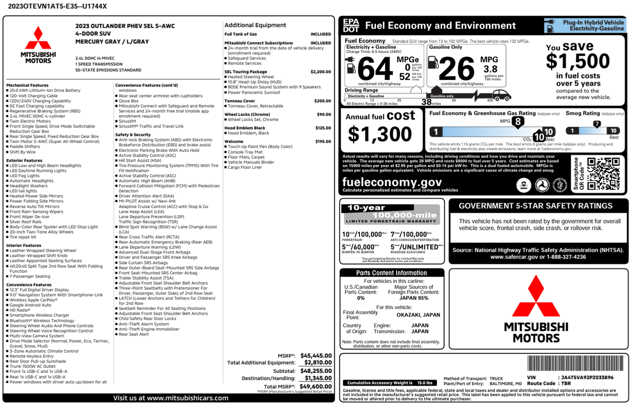 2023 Mitsubishi OUTLANDER PHEV SEL S-AWC Knoxville TN