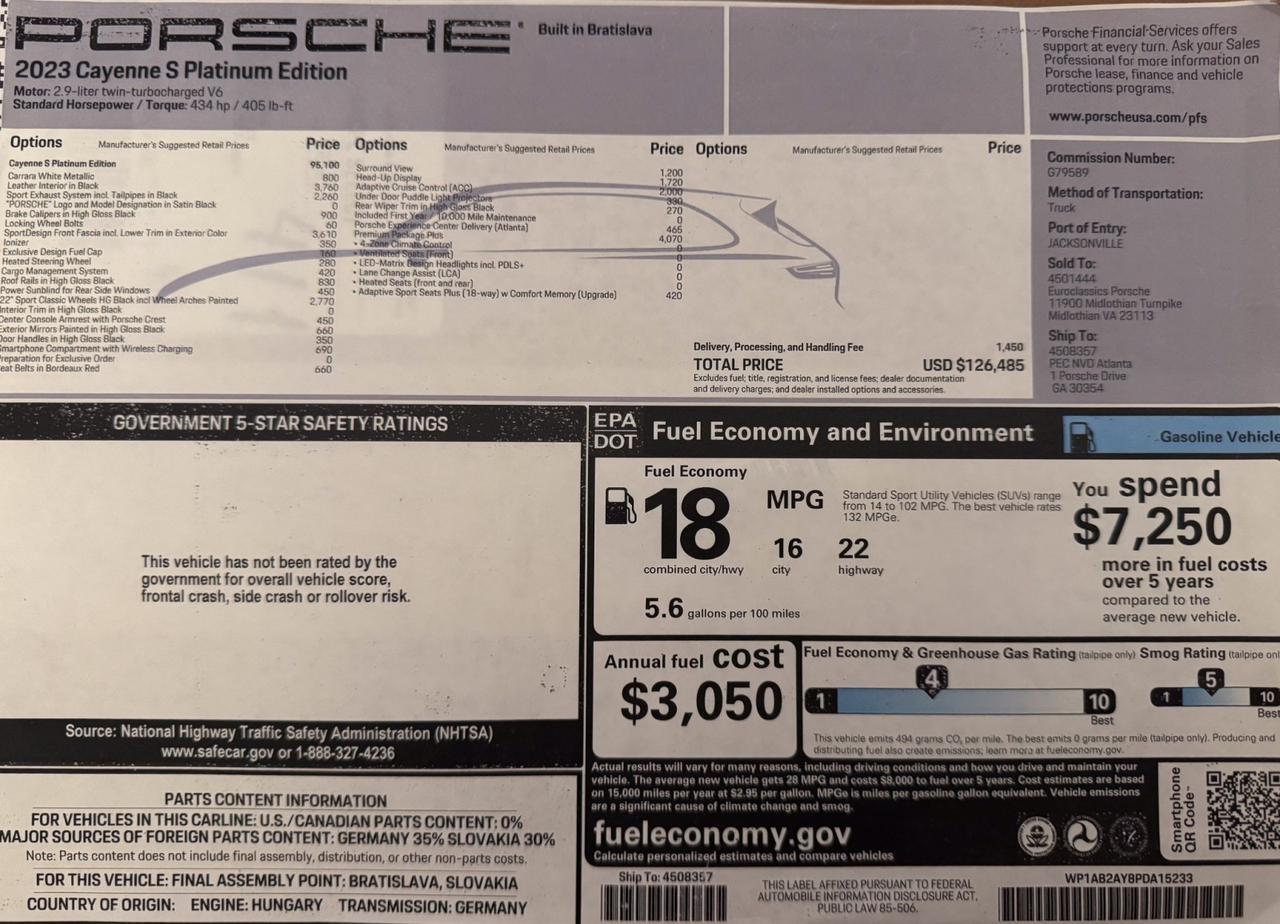 2023 Porsche Cayenne S Platinum Edition w/ Premium, Heads-Up, & Surround View Packages Franklin TN