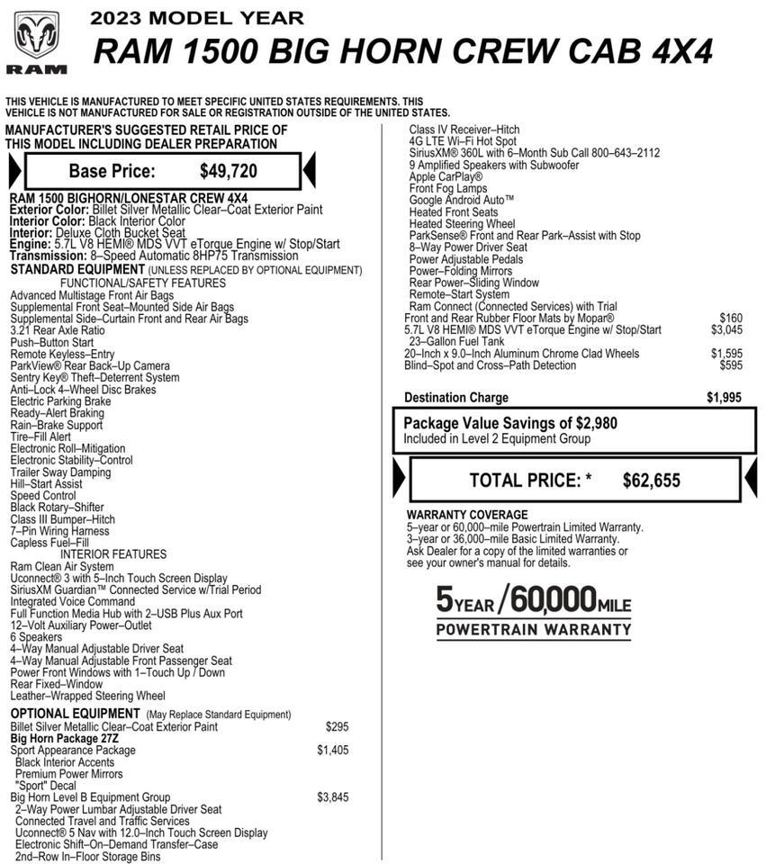 2023 Ram 1500 Big Horn 4X4 / Level B Equipment Group / 5.7L V8! Lincolnton NC