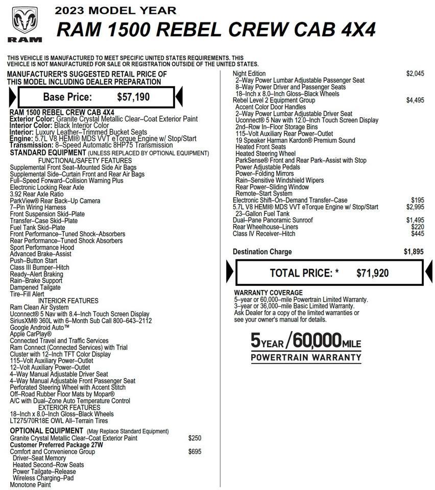 2023 Ram 1500 Rebel 4X4 / Level 2 Equipment / Night Edition! Lincolnton NC