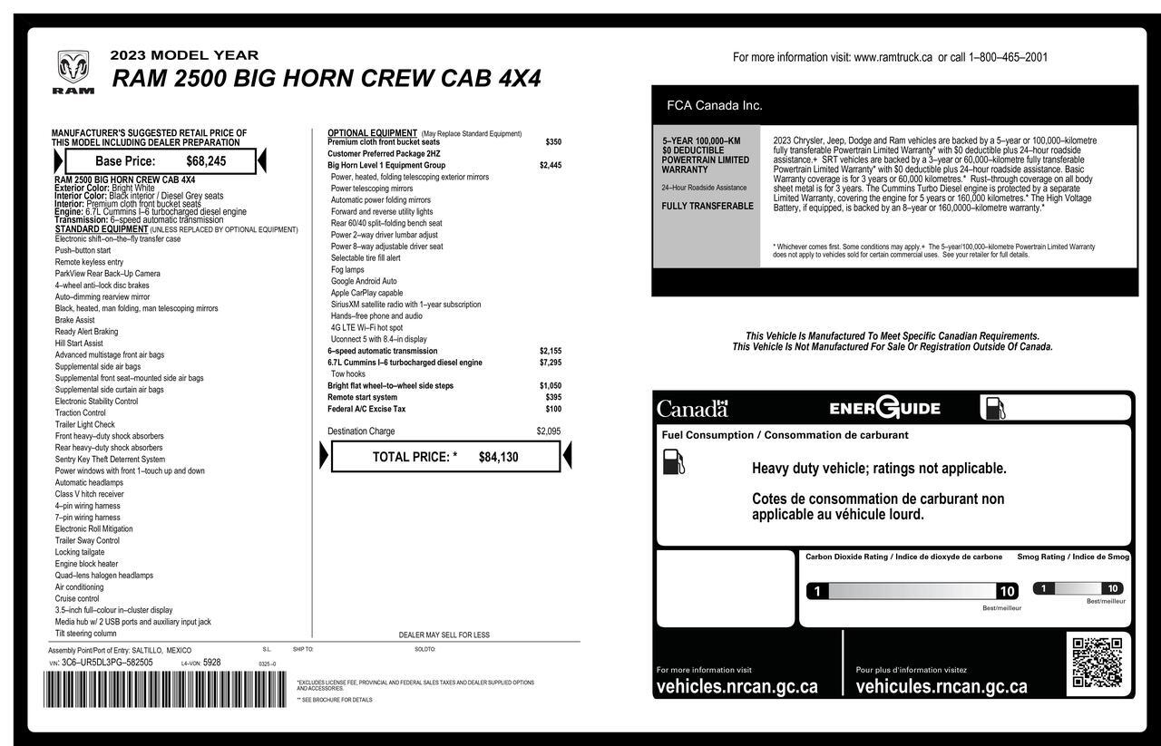 2023 Ram 2500 4x4 Crew Cab Big Horn Diesel PSeat BCam Red Deer AB