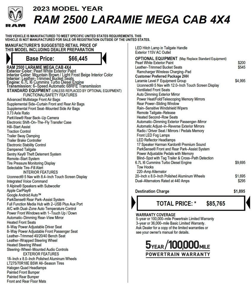2023 Ram 2500 Laramie 4X4 / Mega Cab / Level F Equipment / Diesel! Lincolnton NC