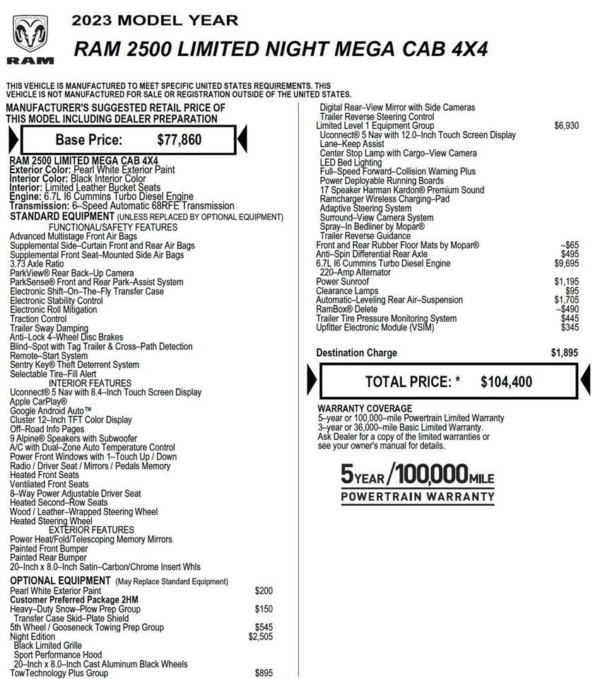 2023 Ram 2500 Limited 4X4 / Mega Cab / Level 1 Equipment / Diesel! Lincolnton NC