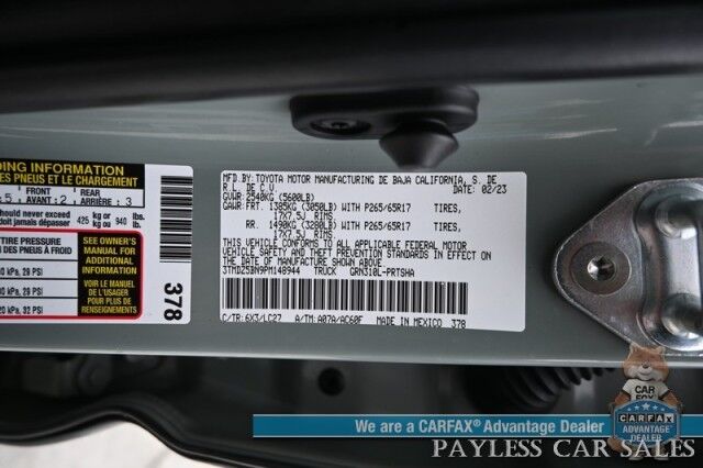2023 Toyota Tacoma TRD Sport / 4X4 / Advanced Tech Pkg / Double Cab / Power & Heated Leather Seats / Nav / Sunroof / JBL Speakers / Adaptive Cruise / Lane Depart & Blind Spot / Bed Liner / Tonneau Cover / Tow Pkg / 1-Owner Anchorage AK