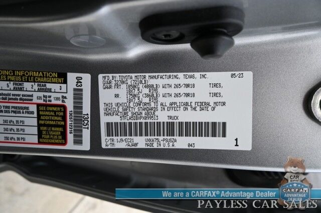 2023 Toyota Tundra SR5 Crew Max / Premium Pkg / 4X4 / Power & Heated Leather Seats / Heated Steering / Adaptive Cruise / Lane Departure / Apple CarPlay & Android Auto / Back Up Camera / Keyless Entry & Start / Tow Pkg / 1-Owner Anchorage AK