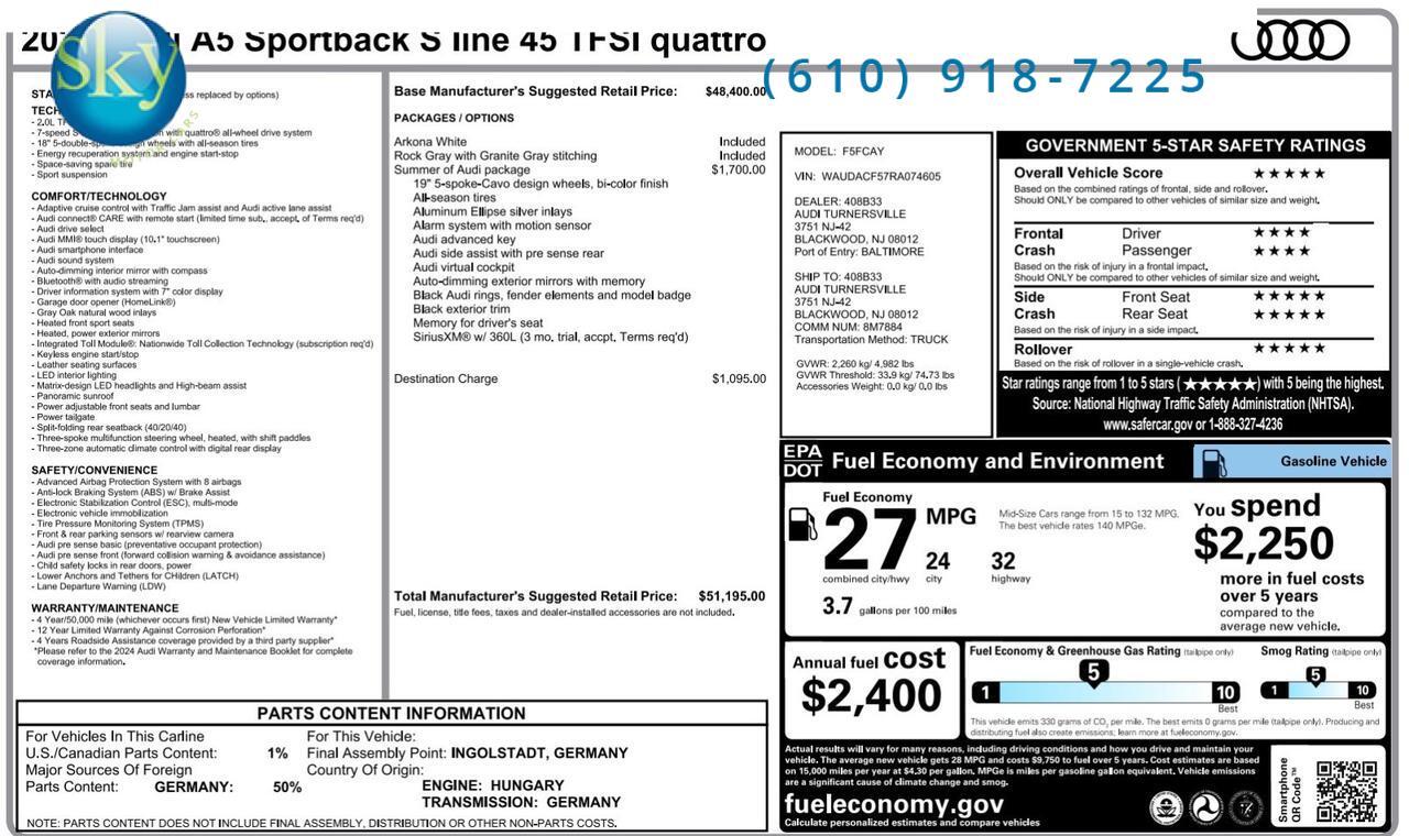 2024 Audi A5 Sportback Quattro AWD S line Premium West Chester PA