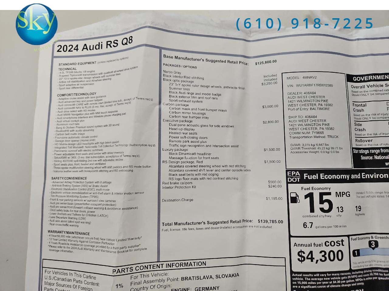 2024 Audi RS Q8 Quattro AWD Black Optic + Carbon + Executive Pkgs