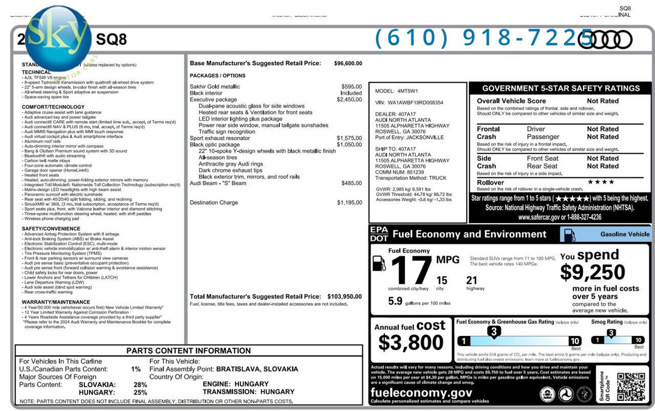 2024 Audi SQ8 Quattro AWD Premium Plus Executive + Black Optic Pkgs West Chester PA