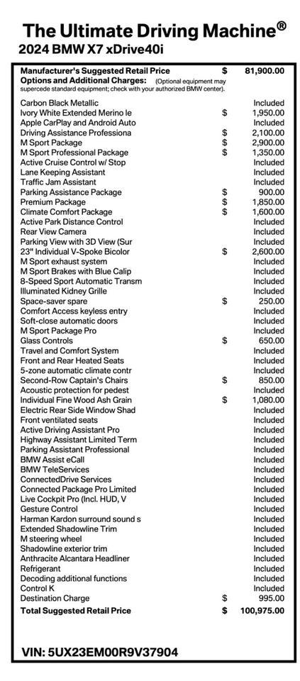 2024 BMW X7 xDrive40i ($100,975 MSRP!!) *M SPORT PKG* *23 INCH WHEELS* *BIG OPTION LIST* *14,000 MILES* San Diego CA