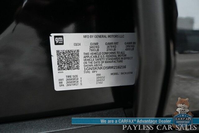 2024 Chevrolet Tahoe LT / 4X4 / AutoStart / Power & Heated Leather Seats / Bose Speakers / Forward Collision & Lane Departure Alert / Apple CarPlay & Android Auto / 3rd Row / Seats 8 / Block Heater / Tow Pkg / 1-Owner Anchorage AK