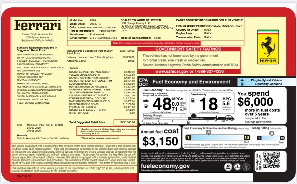 2024 Ferrari 296 GTS 1 Owner Daytona Racing Carbon Seats Suspension Lif Portland OR