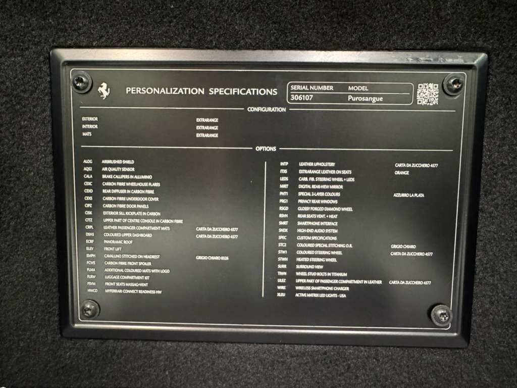 2024 Ferrari Purosangue Azzurro La Plata paint,Extra-Range interior,Burmester High-End,surround view,carbon galore AND MORE! Fort Lauderdale FL