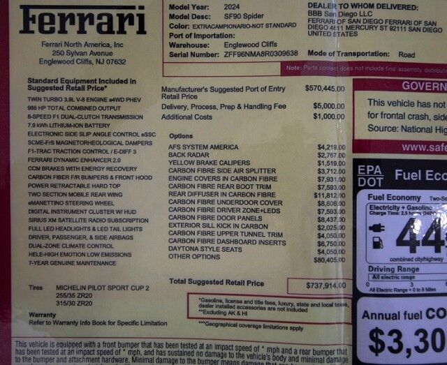 2024 Ferrari SF90 Spider SF90 Spider *OVER $160,000 IN OPTIONS* *ONLY 93 MILES* San Diego CA