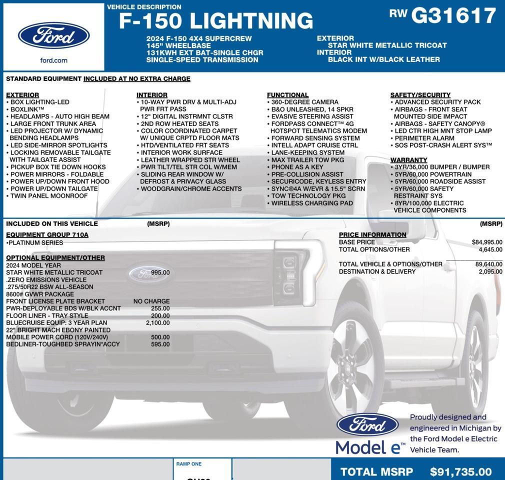 2024 Ford F-150 Lightning Platinum 4X4 / Pro Power Onboard / Extended Battery! Lincolnton NC