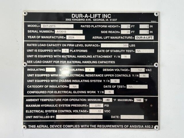 2024 Ford Transit 350 HD - BLOWOUT SALE - Dur-A-Lift DVT-29TS 34' Working Height Non-insulated Bucket Van Homestead FL