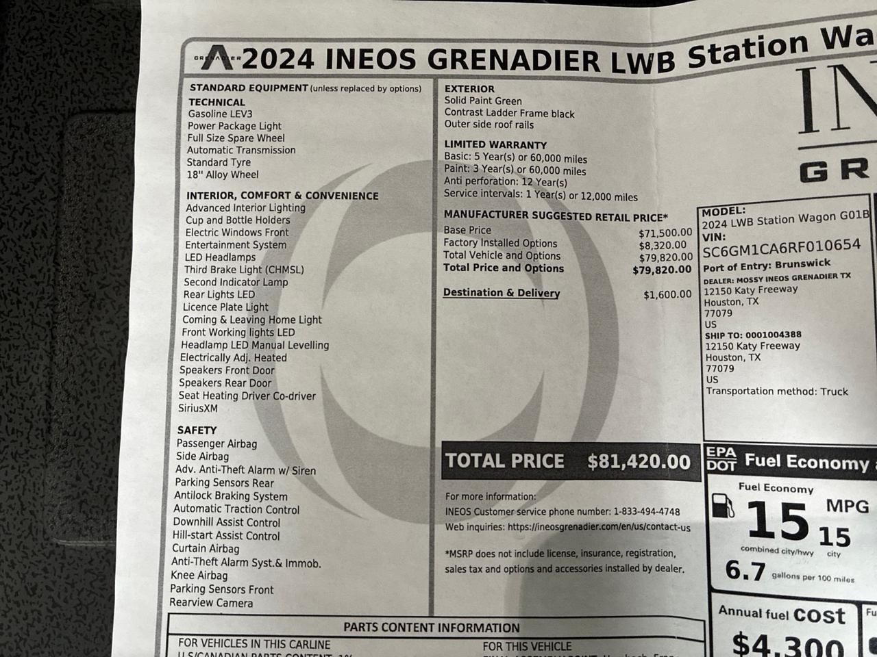 2024 INEOS Grenadier Custom Leather, Eibach Lift, Black Rhino Wheels w/ Toyo Open Country A/Ts, Rhino Rack Roof Rack w/ Light Bar, Baja Design LP6 Lights Houston TX