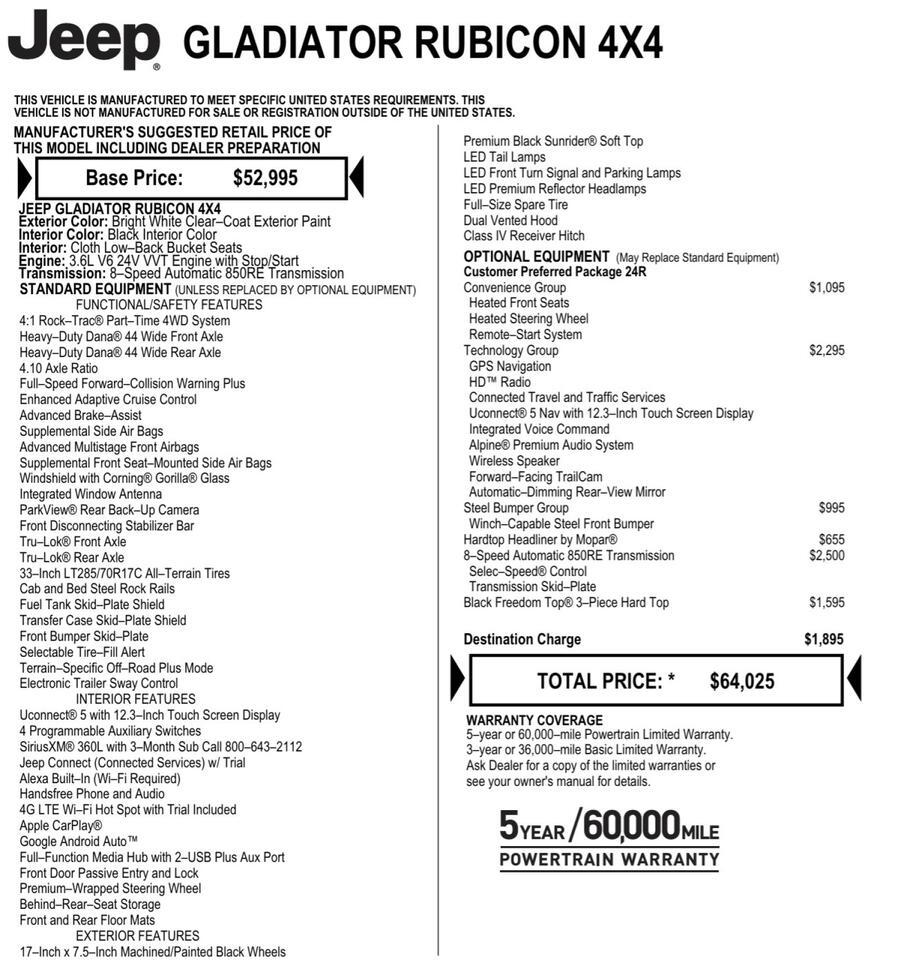 2024 Jeep Gladiator Rubicon 4X4 / Technology Group / Steel Bumpers! Lincolnton NC