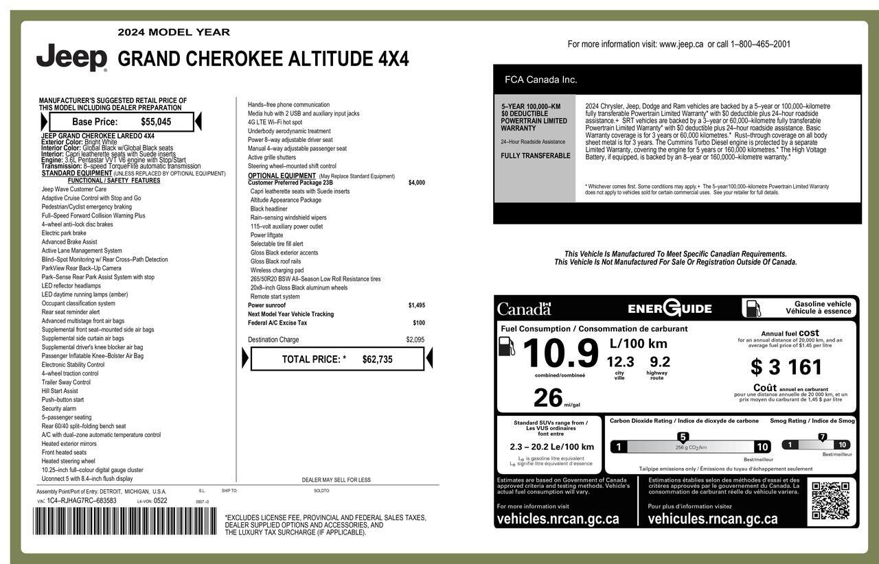 2024 Jeep Grand Cherokee 4x4 Altitude Leather Roof BCam Red Deer AB
