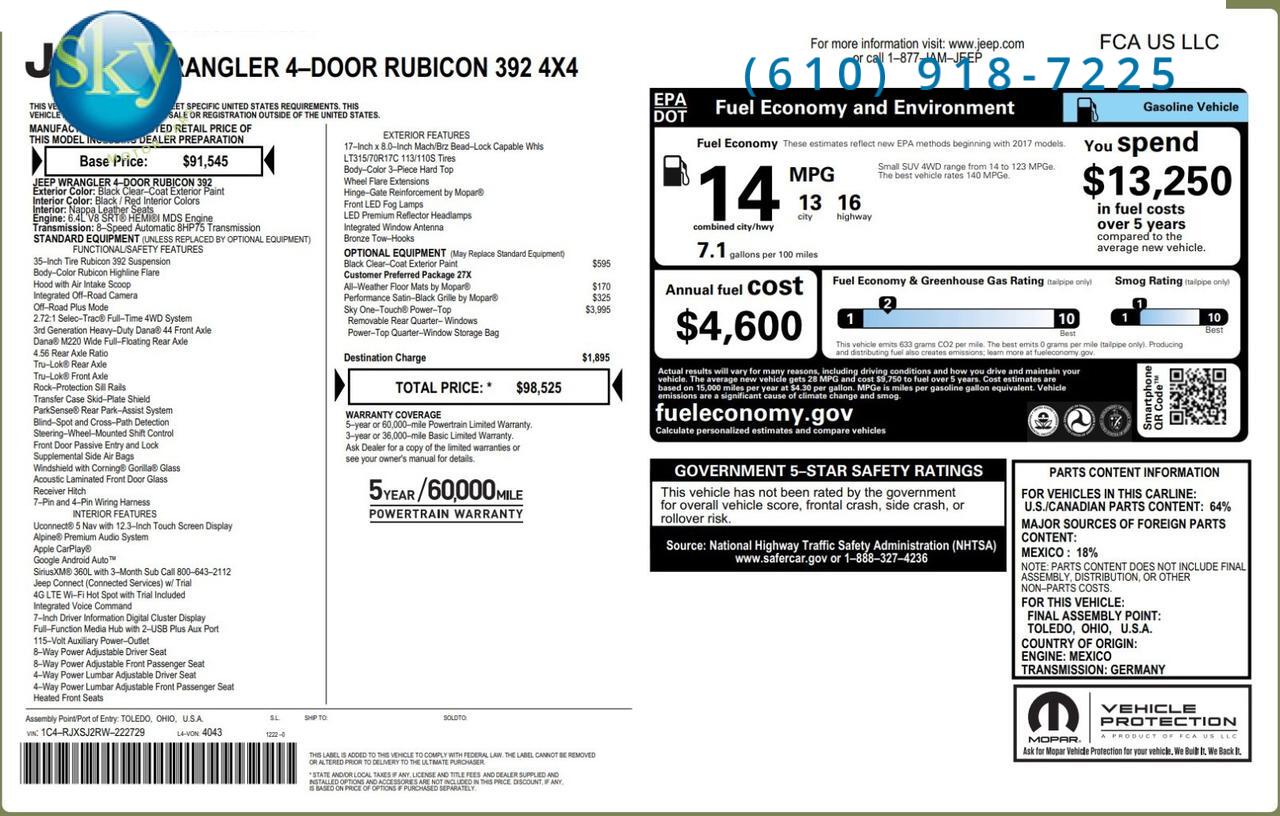 2024 Jeep Wrangler 4WD Rubicon 392 SKY ONE-TOUCH POWER TOP West Chester PA