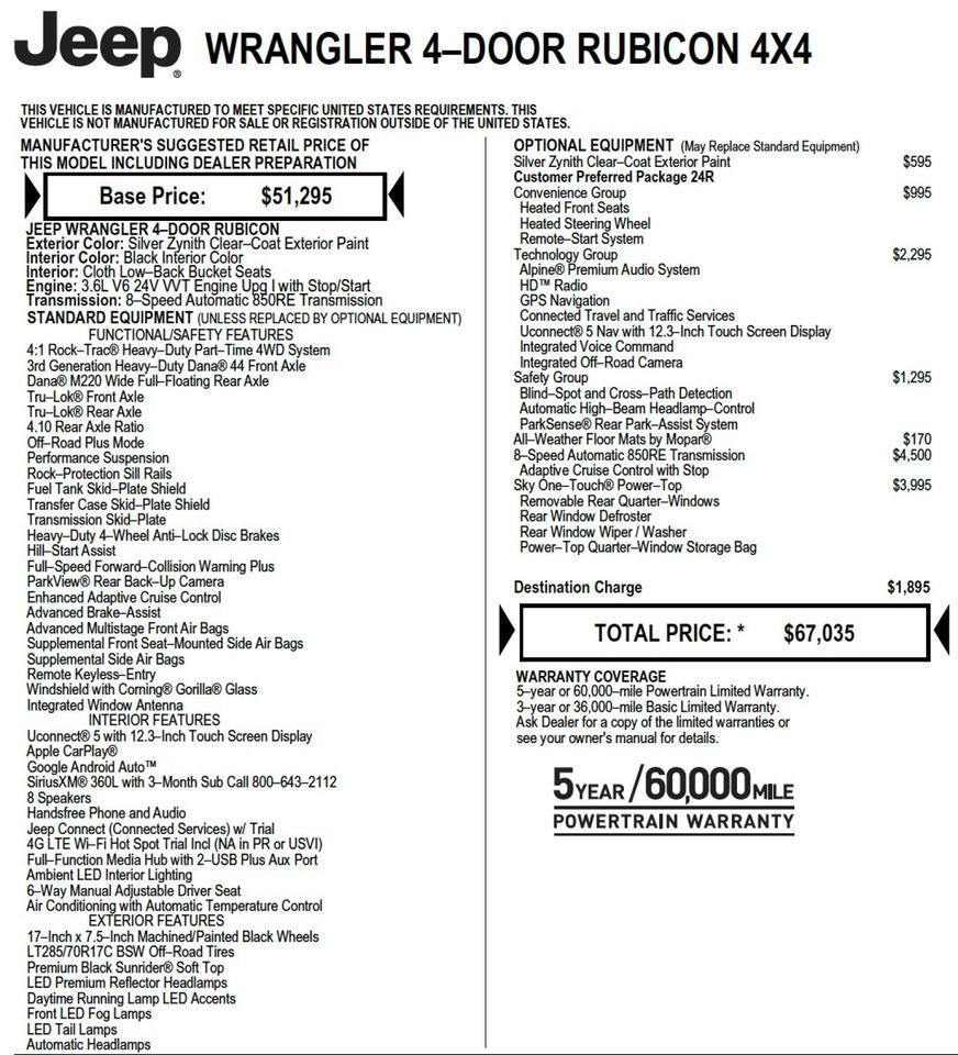 2024 Jeep Wrangler Rubicon 4X4 / Sky One Roof / Wheels & Tires Upgrade! Lincolnton NC