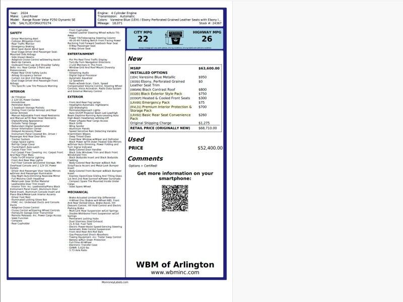 2024 Land Rover Range Rover Velar P250 Dynamic SE