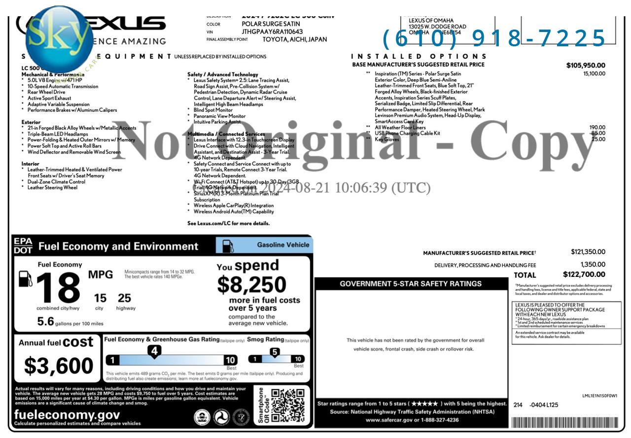 2024 Lexus LC 500 Convertible Inspiration Series SATIN PAINT #109 / 125 West Chester PA