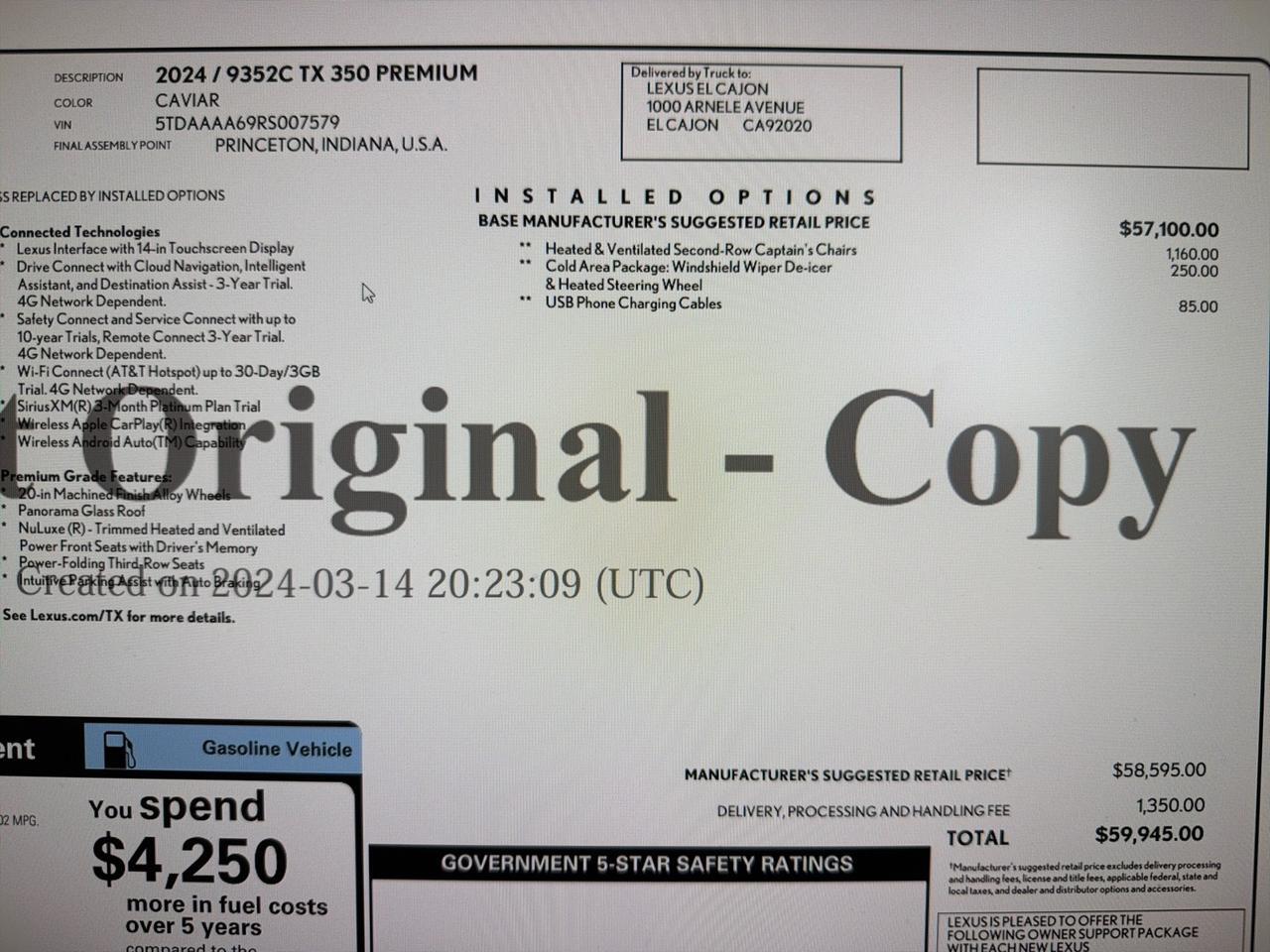2024 Lexus TX350 Premium, Heated & Ventilated 2nd Row Captain's Seats, Cold Area Pkg Houston TX
