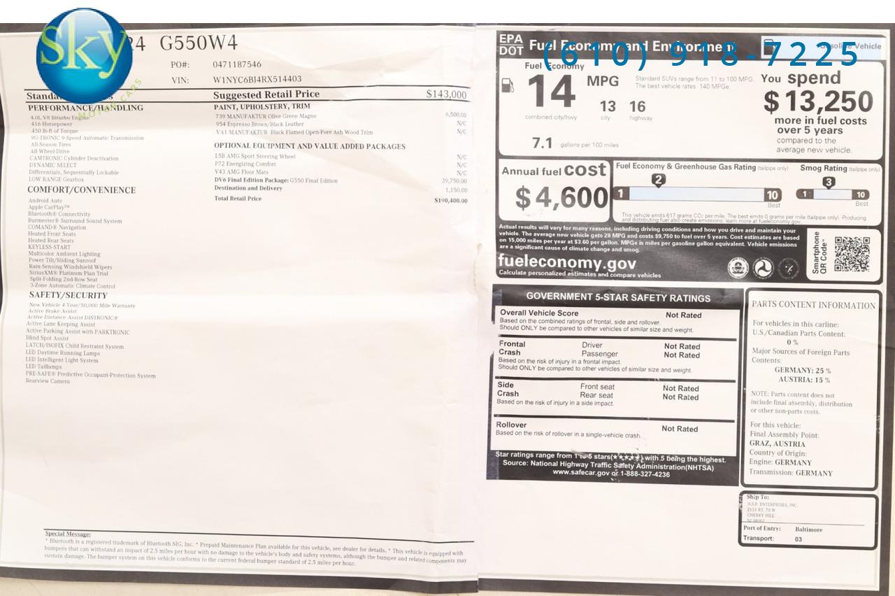 2024 Mercedes-Benz G-Class 4MATIC AWD G 550 FINAL EDITION PKG $190,400 MSRP West Chester PA