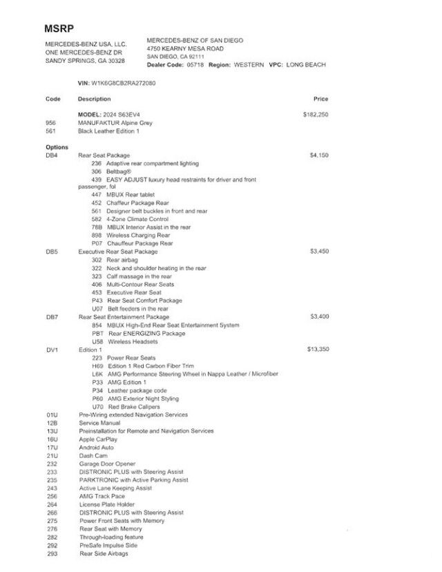 2024 Mercedes-Benz S-Class AMG S 63 E *RARE EDITION 1* ($214,700 MSRP!!) *ONLY 4200 MILES* *LOADED* San Diego CA