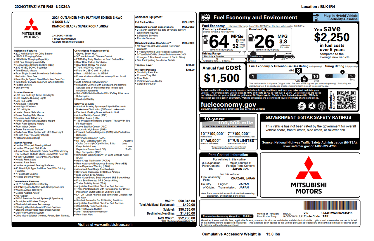 2024 Mitsubishi Outlander PHEV SEL Platinum Edition Knoxville TN