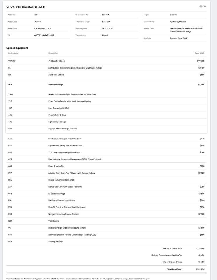 2024 Porsche 718 Boxster GTS 4.0 Pompano Beach FL