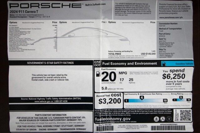 2024 Porsche 911 Carrera T Coupe *ONLY 2,000 MILES* *MANUAL TRANSMISSION* *CARBON BUCKET SEATS* *CARBON ROOF* San Diego CA