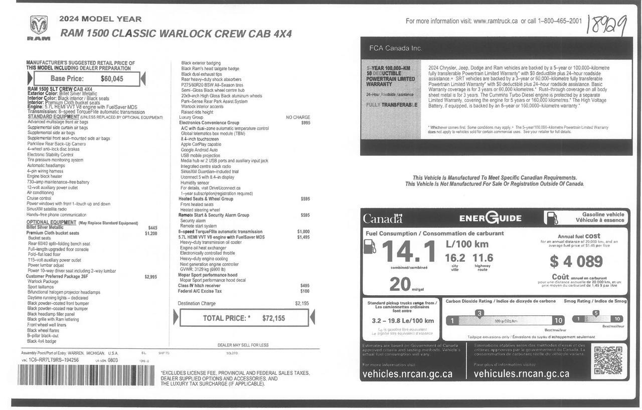 2024 Ram 1500 Classic 4x4 Crew Cab Warlock PSeat BCam Red Deer AB