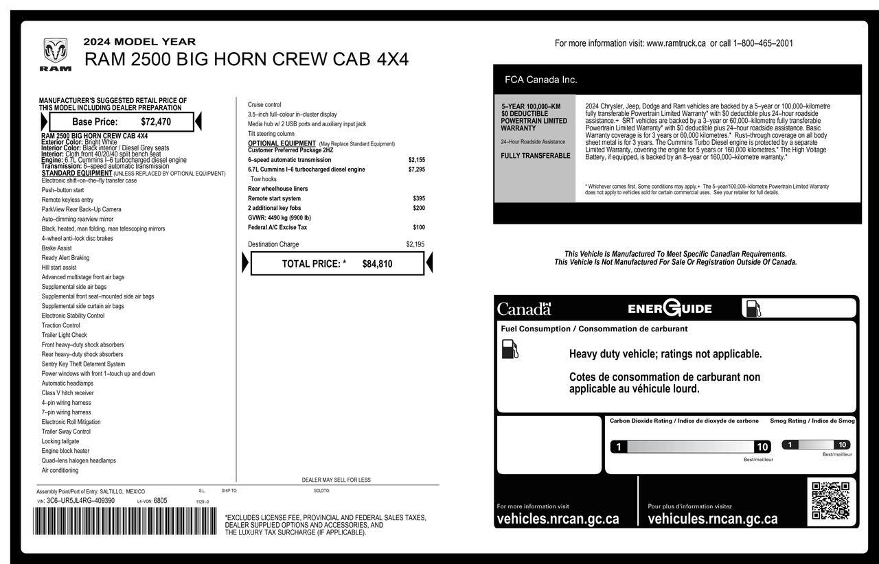 2024 Ram 2500 4x4 Crew Cab Big Horn Longbox Diesel BCam Red Deer AB