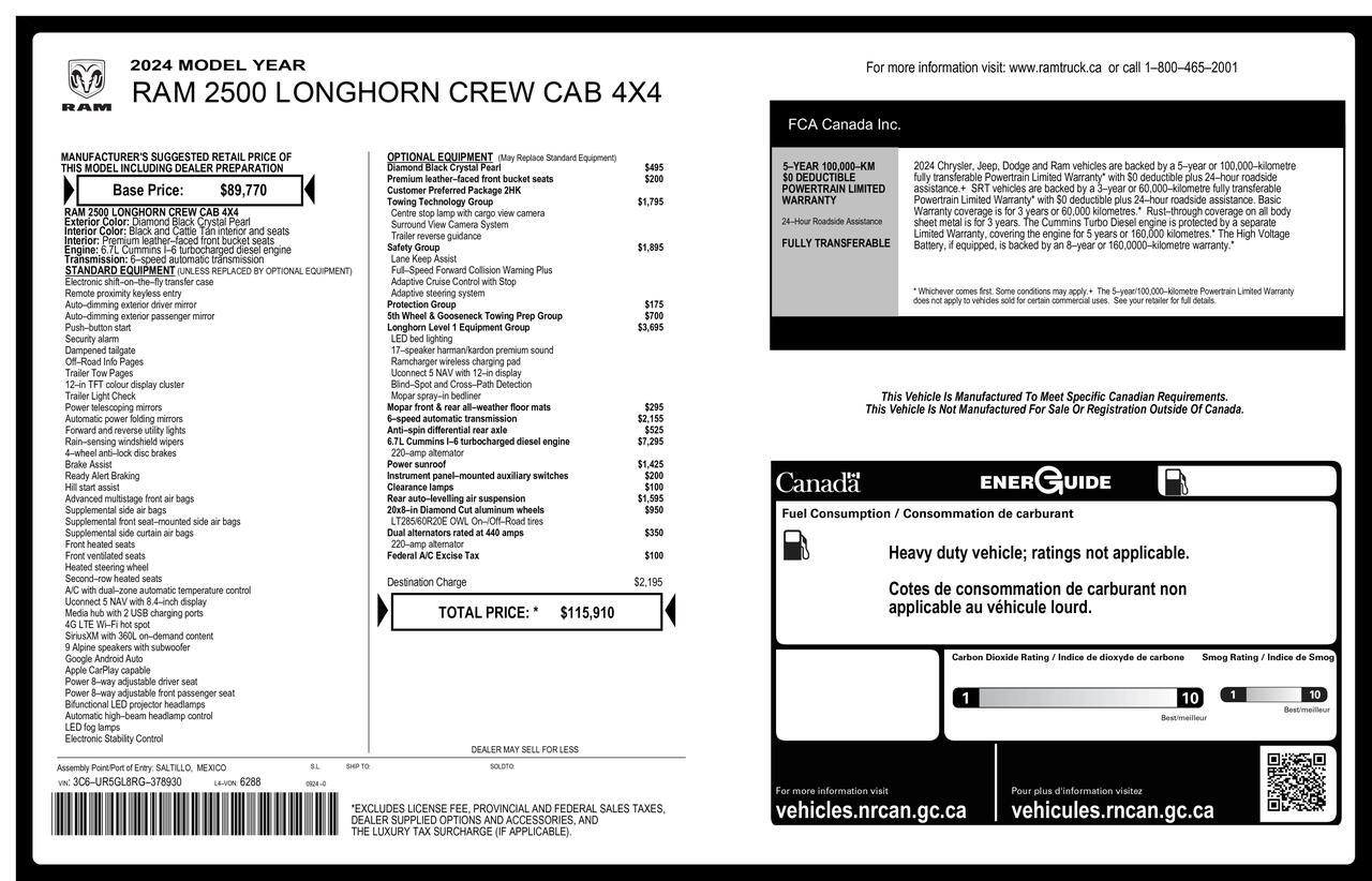 2024 Ram 2500 4x4 Crew Cab Longhorn Diesel Leather Roof Nav BCam Red Deer AB