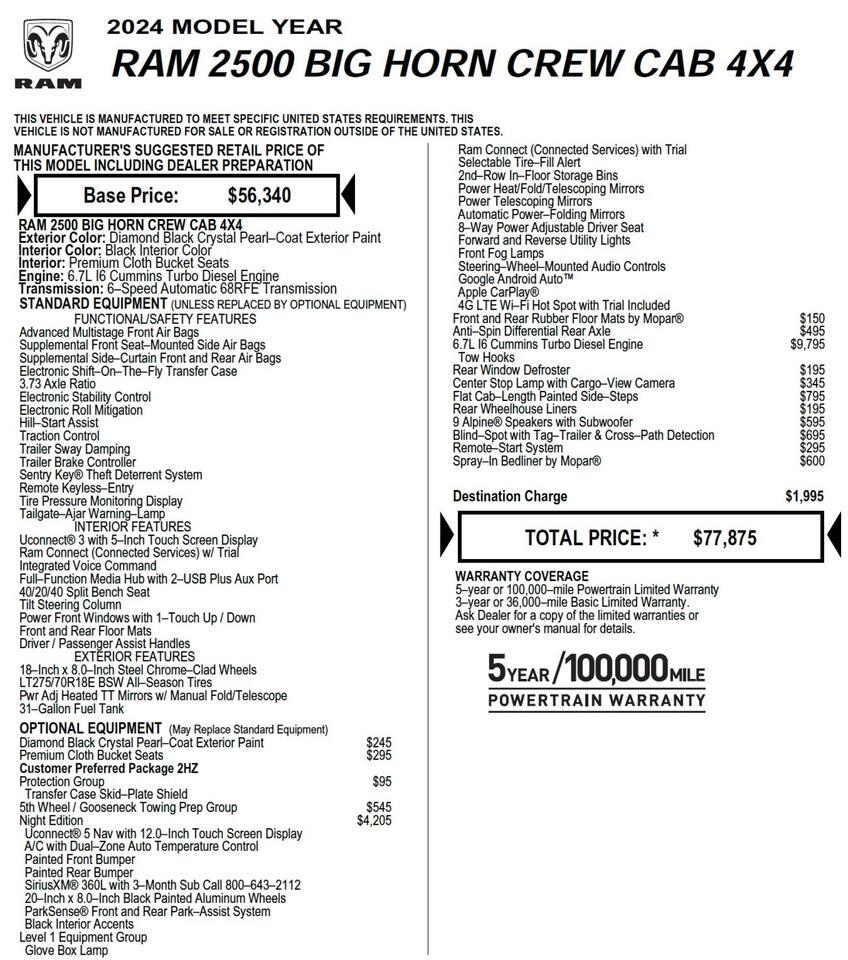 2024 Ram 2500 Big Horn 4X4 / 6.7L Turbo Diesel / Night Edition! Lincolnton NC