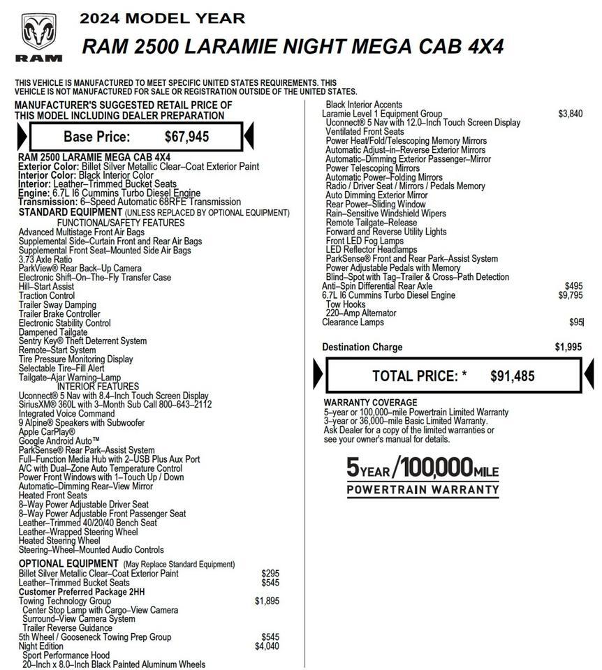 2024 Ram 2500 Laramie 4X4 / Night Edition / MEGA CAB / Coming Soon! Lincolnton NC