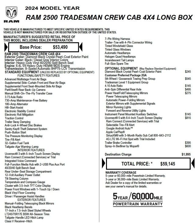 2024 Ram 2500 Tradesman 4X4 / 5th Wheel Prep / 6.4L V8 Hemi! High Point NC