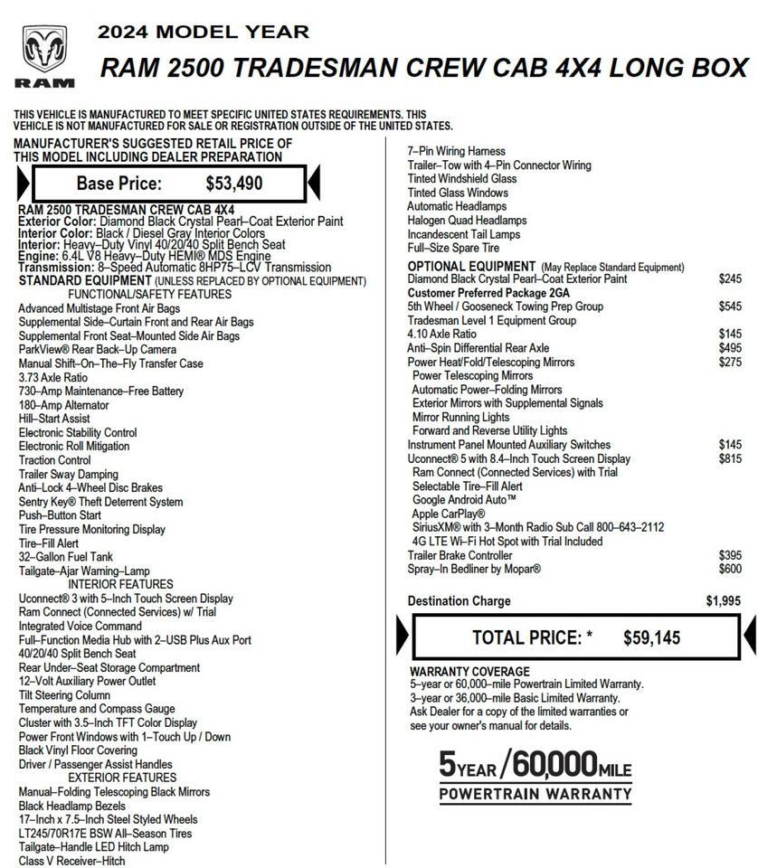2024 Ram 2500 Tradesman 4X4 / 5th Wheel Prep / 6.4L V8 Hemi! High Point NC