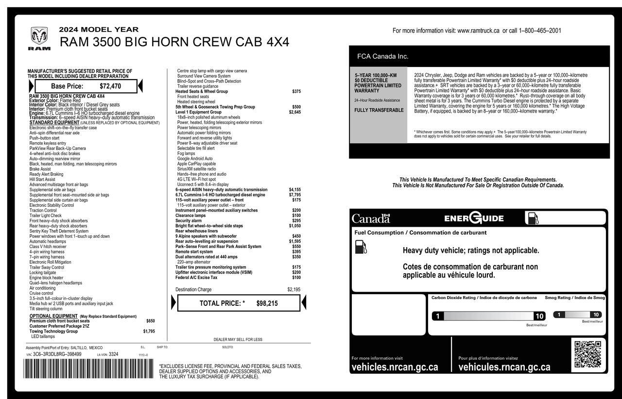 2024 Ram 3500 4x4 Crew Cab Big Horn Diesel AISIN BCam Red Deer AB