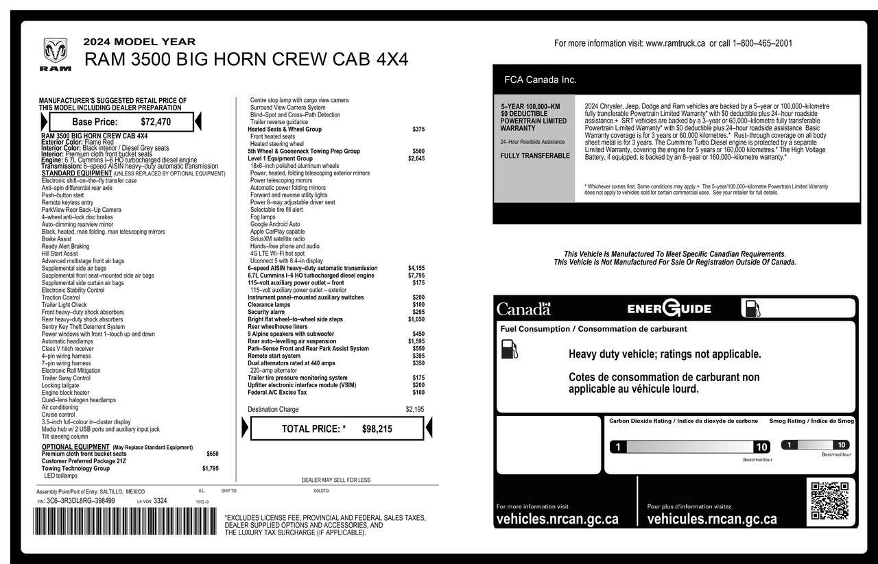 2024 Ram 3500 4x4 Crew Cab Big Horn Diesel AISIN BCam Red Deer AB