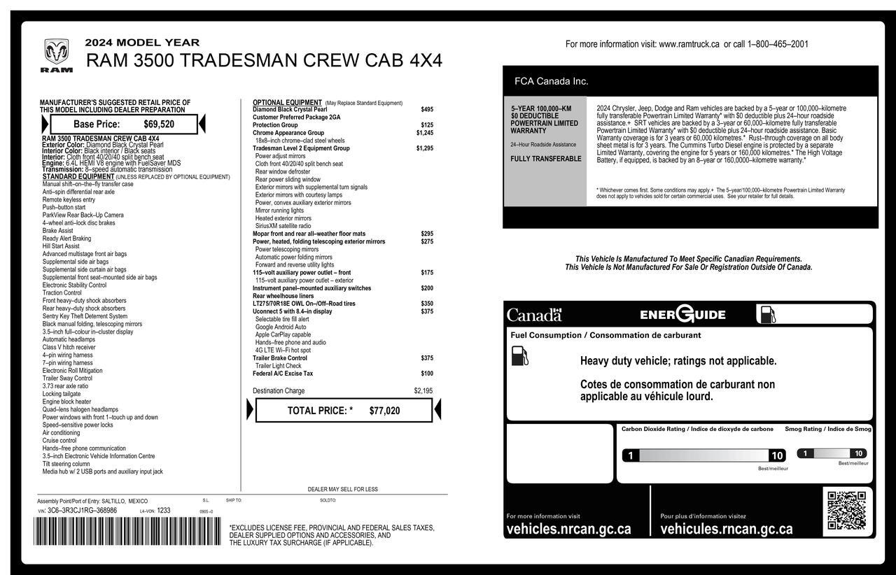 2024 Ram 3500 4x4 Crew Cab Tradesman HEMI BCam Red Deer AB