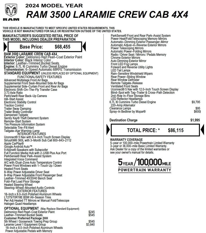 2024 Ram 3500 Laramie 4X4 / HO Turbo Diesel / 5th Wheel / Level 1 Equipment! Lincolnton NC