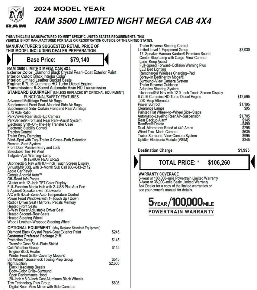 2024 Ram 3500 Limited 4X4 / Night Edition / MEGA CAB / HO Turbo Diesel! Lincolnton NC