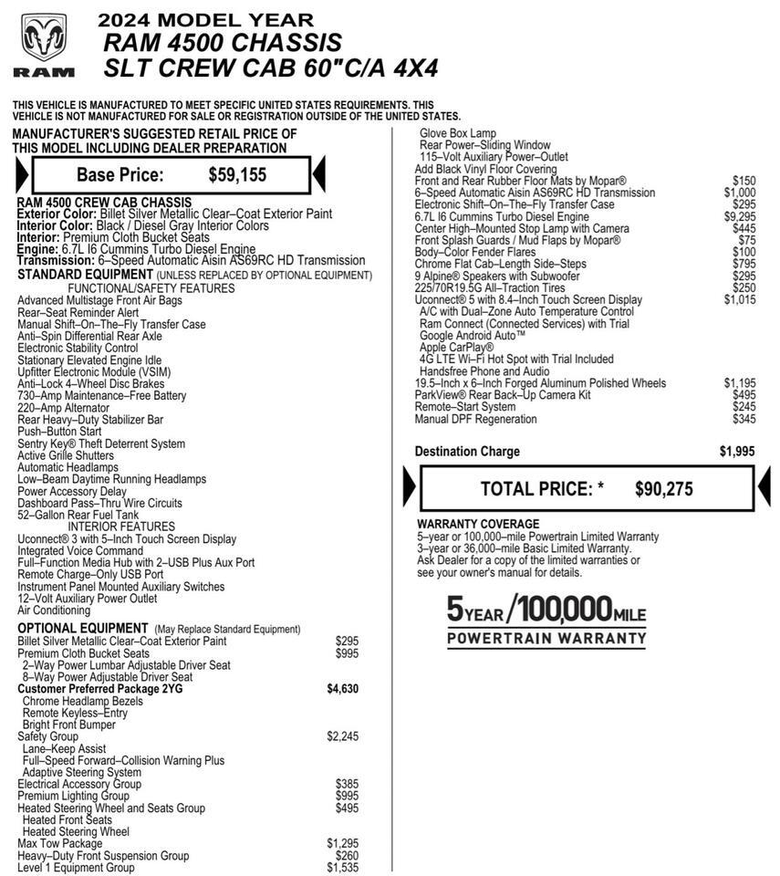 2024 Ram 4500 SLT 4X4 / DRW / NorStar Flat Bed / AISIN / Diesel! Lincolnton NC