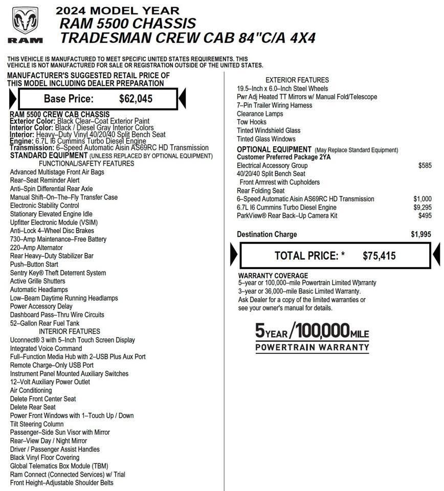 2024 Ram 5500 Chassis Cab Tradesman 4X4 / Turbo Diesel / AISIN! Lincolnton NC