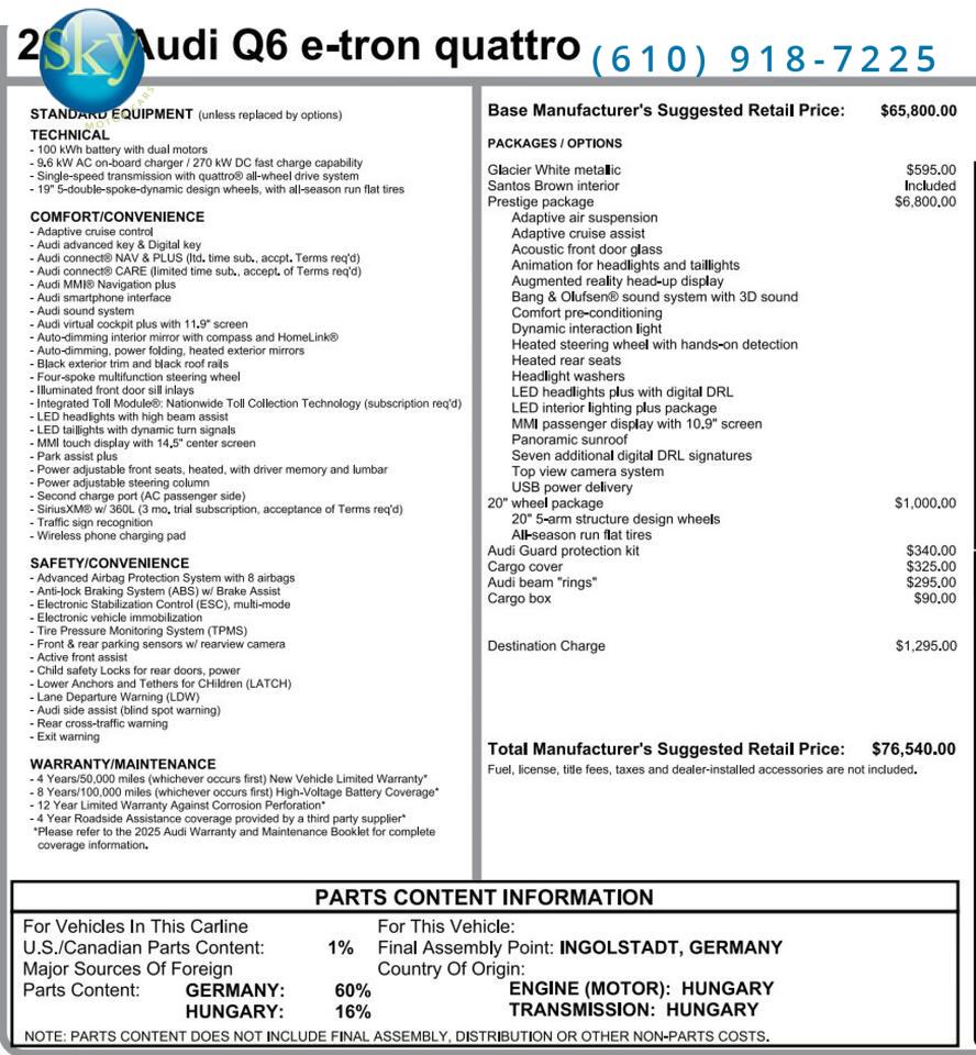 2025 Audi Q6 e-tron Prestige Quattro AWD